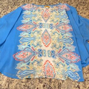 Ruby Rd. Vibrant Blue and Coral Paisley Sheer Boho Blouse